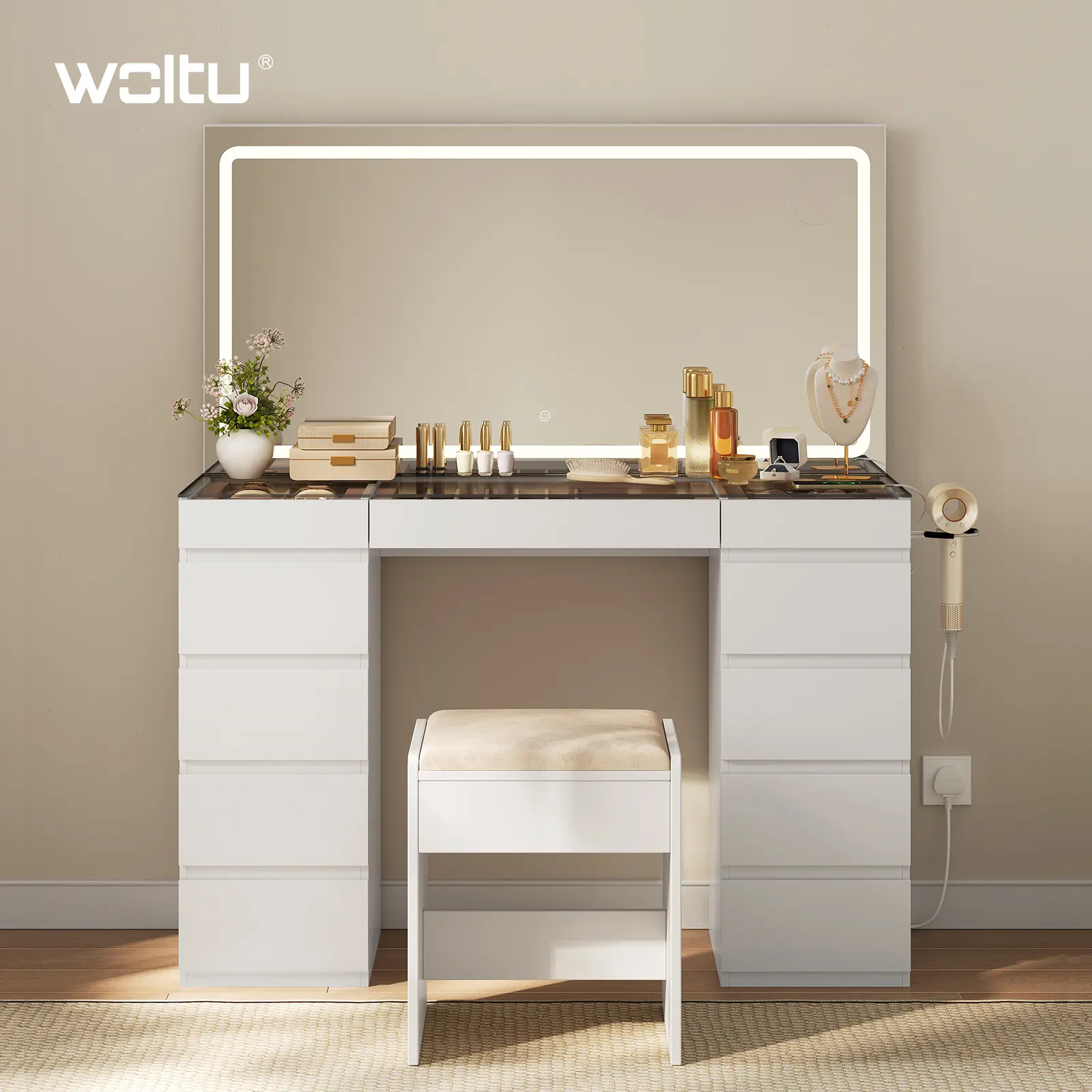 WOLTU LED dressing table styled with perfume and jewellery in a beige bedroom