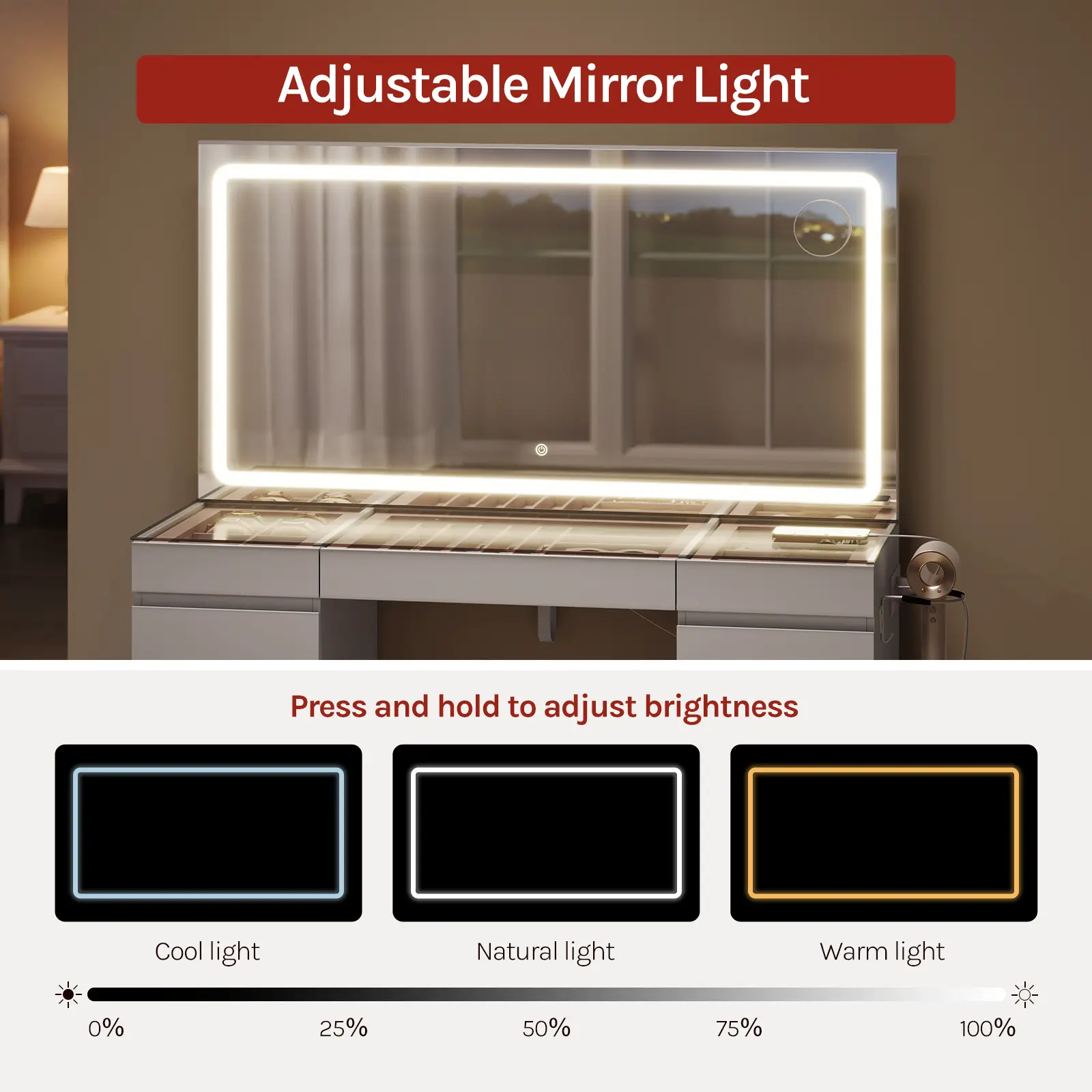 LED mirror shown in three light temperatures