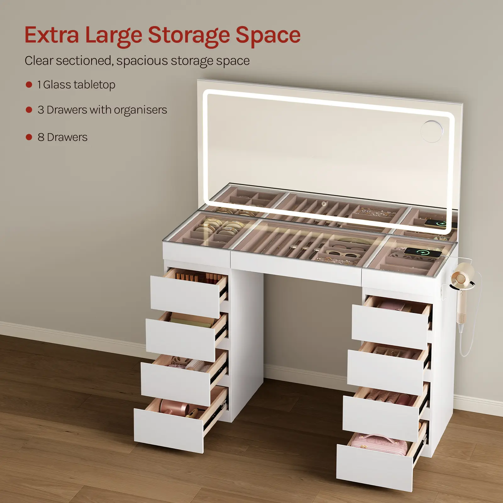 Eleven drawers open showing sectioned beauty storage